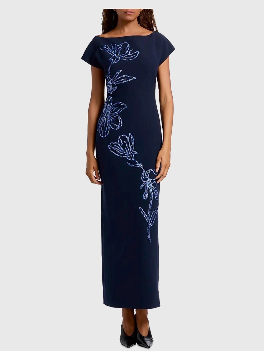 Lela Rose Navy Maxi Dress with Ikat Floral Embroidery. Size 6. NWT
